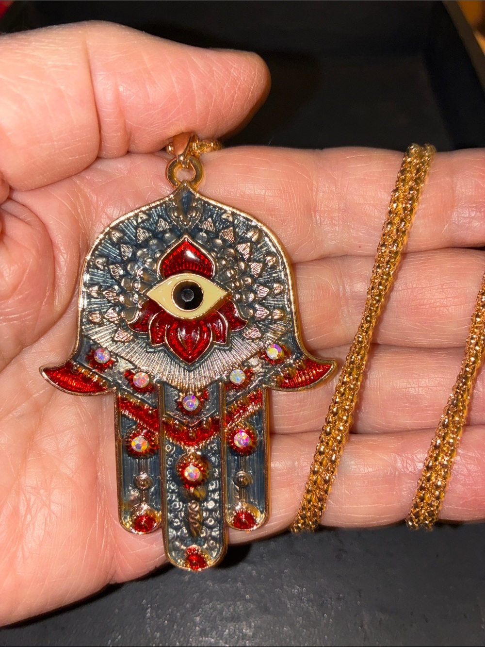 Gold Hamsa Hand Pendant Necklace with Red Accents